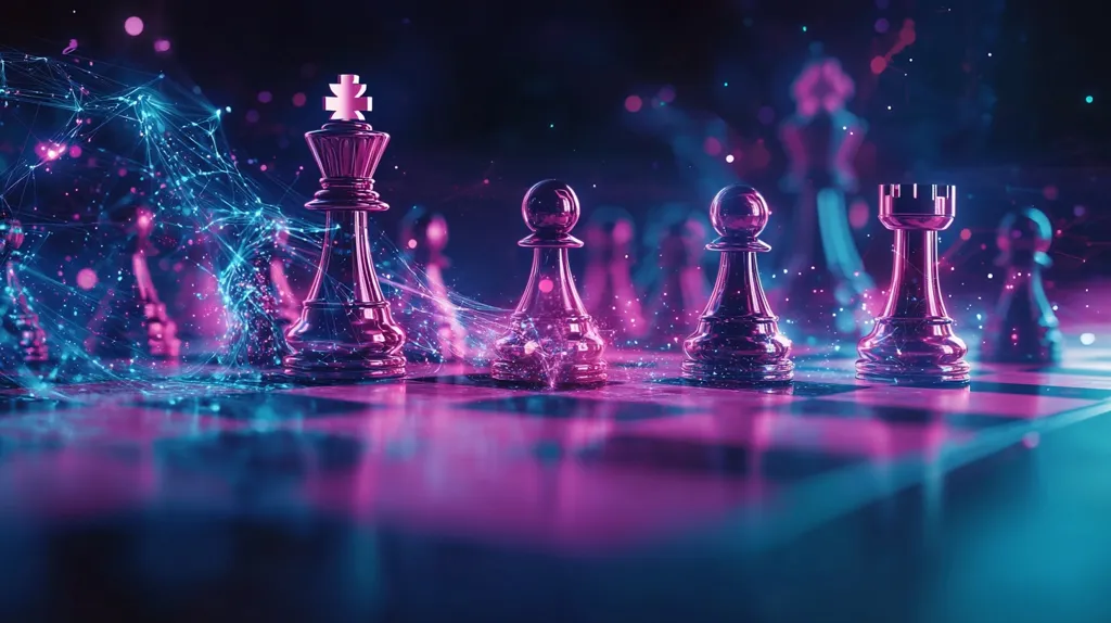 A dramatic close-up of a chessboard bathed in vibrant pink and blue neon light.  Metallic chess pieces, including a king, pawns, and a rook, stand prominently.  Intricate glowing lines of energy connect the pieces, creating a futuristic and strategic atmosphere.  The image evokes themes of strategy, planning, and digital innovation.