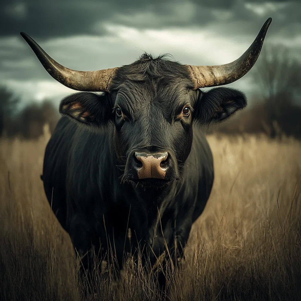 A majestic black bull stands in a field of tall, dry grass under a dramatic, cloudy sky.  Its large horns curve elegantly outward, and its dark coat contrasts sharply with its light pink nose. The bull stares directly at the camera, creating a powerful and captivating image. The overall mood is one of serene strength and wild beauty.