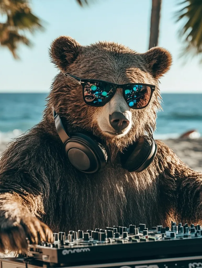 A grizzly bear, sporting stylish sunglasses and over-ear headphones, sits behind a DJ mixer on a beach.  Palm trees and a calm ocean form the idyllic backdrop. The bear's furry body contrasts with the sleek technology, creating a humorous and unexpected image.  The scene evokes a carefree, summer vibe.
