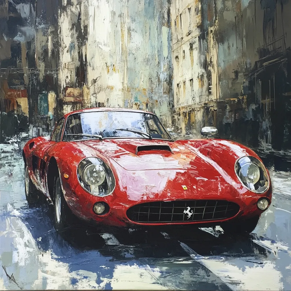 A vibrant oil painting depicts a classic red Ferrari 250 GTO speeding down a city street.  The car is the focal point, sharply rendered against a background of impressionistic city buildings and a slightly blurred road. The artist uses a painterly style with visible brushstrokes, giving a sense of motion and energy. The overall mood is one of classic automotive beauty and urban dynamism.