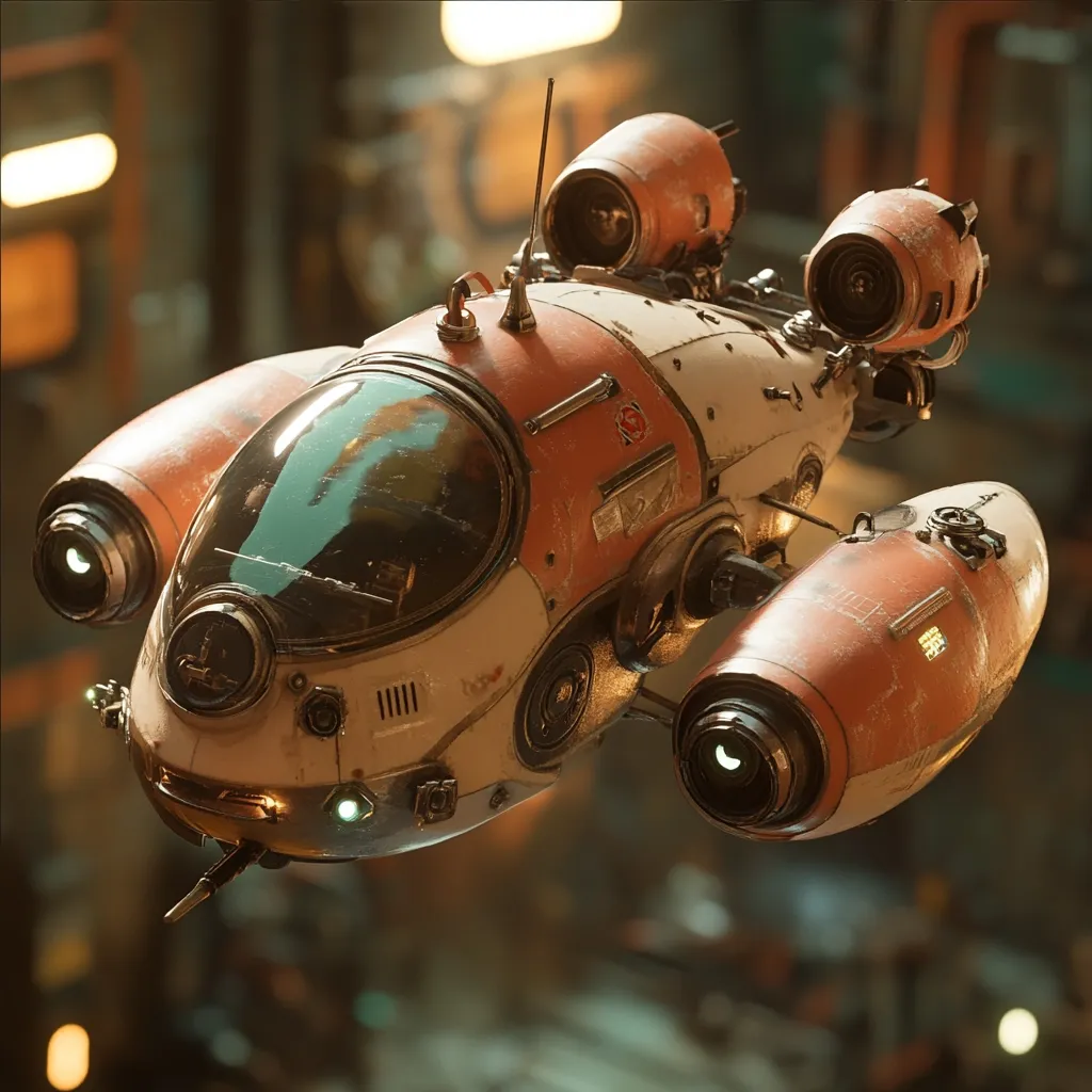 A retro-futuristic spaceship, predominantly off-white and peach, is depicted.  Its design features a bulbous cockpit, twin rear engines, and smaller lateral thrusters.  A weathered appearance suggests age and travel.  The background is blurred, hinting at a gritty industrial or spaceport setting.  The overall style is reminiscent of classic science fiction designs with a modern digital rendering.