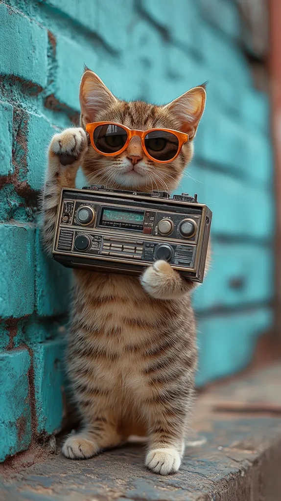 A cute tabby kitten, wearing orange sunglasses, stands proudly holding a vintage boombox against a teal brick wall.  One paw is raised playfully as if it's about to press play.  The image is a whimsical portrait, suggesting a cool and stylish feline enjoying its music.
