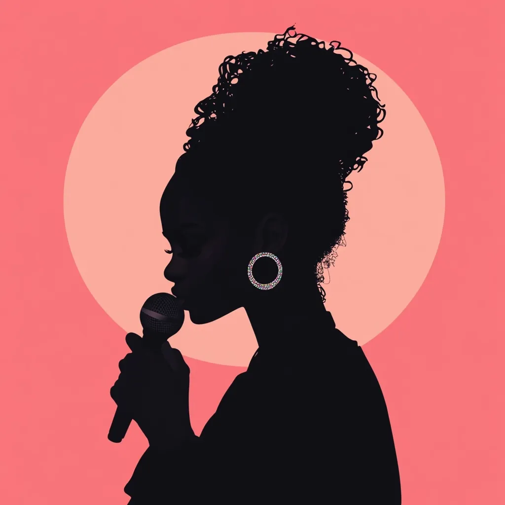 A silhouette of a Black woman with curly hair styled in a high bun is shown singing into a microphone. She wears large, sparkly hoop earrings. The background is a soft pink with a large, lighter pink circle behind the woman. The image is a stylized portrait suggesting a singer or performer.