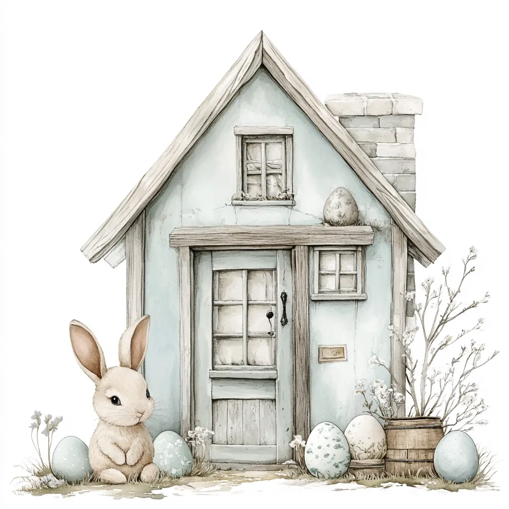A charming watercolor illustration depicts a quaint, light blue cottage with a wooden door and window details.  A sweet bunny sits in the grass before the house, surrounded by pastel Easter eggs.  A small barrel with budding branches sits to the side, completing the idyllic spring scene. The overall style is delicate and whimsical, perfect for Easter or spring-themed decorations.