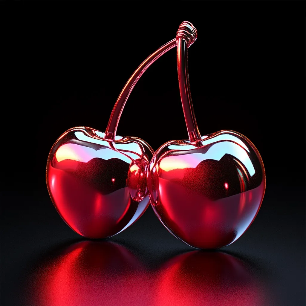 Two glossy, red cherries are presented against a black background.  Their stems are joined, and the cherries' surfaces reflect light, creating a vibrant, almost jewel-like effect.  The image's dark backdrop enhances the cherries' intense color and polished sheen, suggesting a sense of luxury or sophistication.  A subtle reflection of the cherries is visible on the surface below.