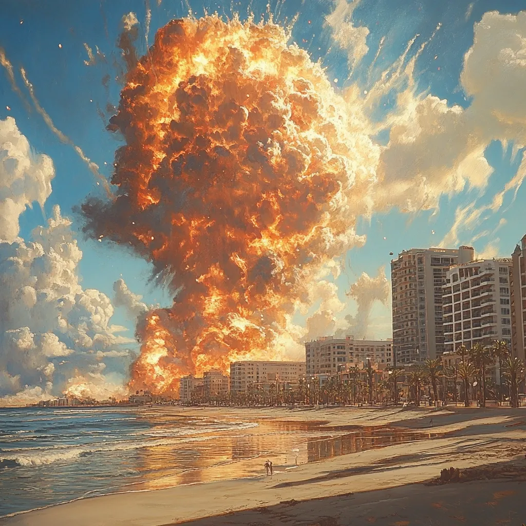 A massive, fiery explosion dominates the sky above a coastal city.  Orange and yellow flames billow upwards, creating a dramatic contrast against the blue sky and white clouds.  Beachfront buildings and palm trees line the sandy shore, with the ocean visible in the foreground. Two figures are seen walking on the beach, seemingly oblivious to the cataclysmic event unfolding above.  The scene evokes a sense of both destruction and surreal beauty.
