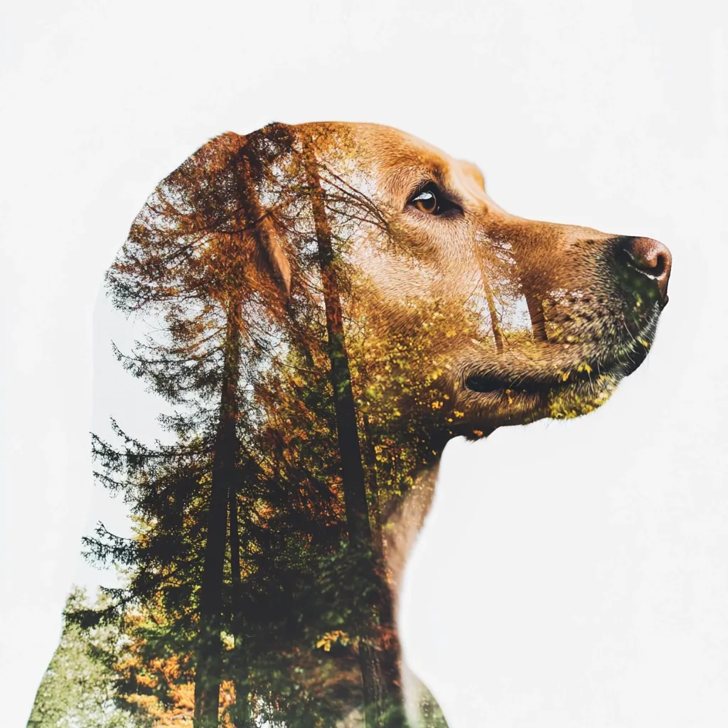 A double exposure image showcases a golden-colored dog's profile, seamlessly blended with an autumnal forest scene.  Tall trees and vibrant foliage are superimposed onto the dog's form, creating a harmonious blend of nature and animal. The dog's gaze is directed to the right, adding a sense of tranquility to the artistic composition. The overall effect is serene and evocative, suggesting a connection between the animal and its natural surroundings.