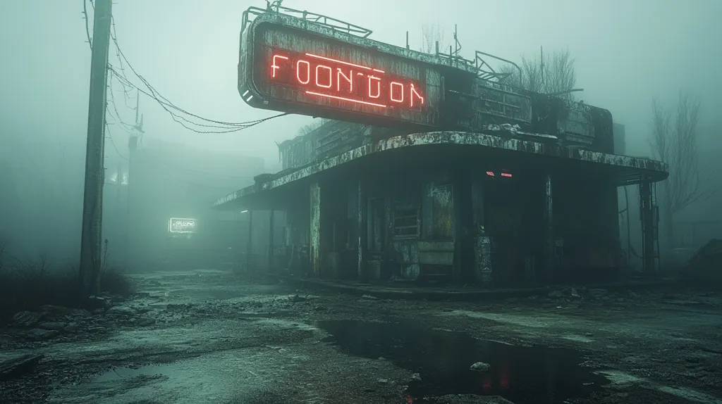 A desolate, fog-shrouded gas station stands in ruins.  A faded neon sign, reading "FOON'DON," glows dimly.  The scene is bleak, with a muddy road and decaying buildings hinting at a post-apocalyptic or forgotten landscape.  A sense of eeriness pervades the image, enhanced by the heavy fog and muted color palette.  The overall impression is one of isolation and decay.