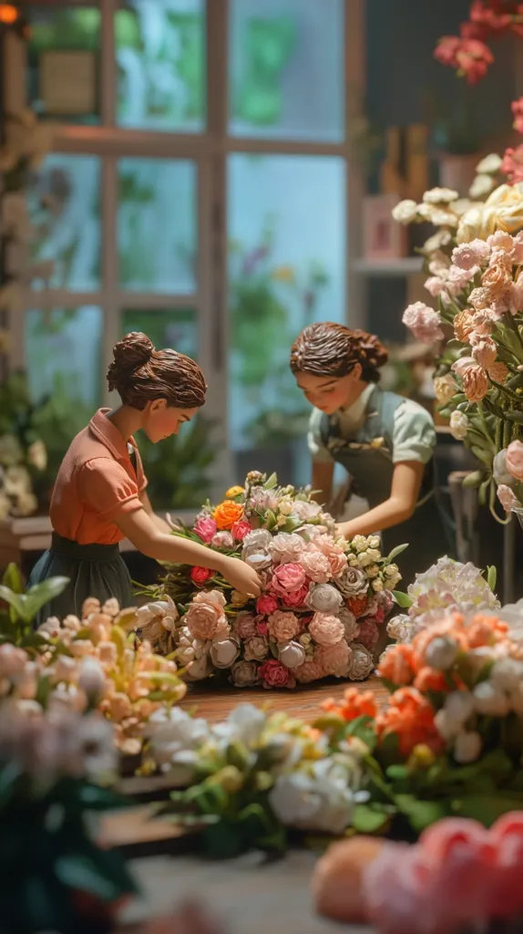 Two miniature figurines, dressed in period attire, are meticulously arranging a vibrant bouquet of pastel-colored flowers.  Surrounded by a profusion of blooms in various shades, they create a charming scene reminiscent of a flower shop.  The setting is warm and inviting, with a blurred background suggesting a sunlit window and shelves stocked with additional flowers. The overall aesthetic is delicate and whimsical.