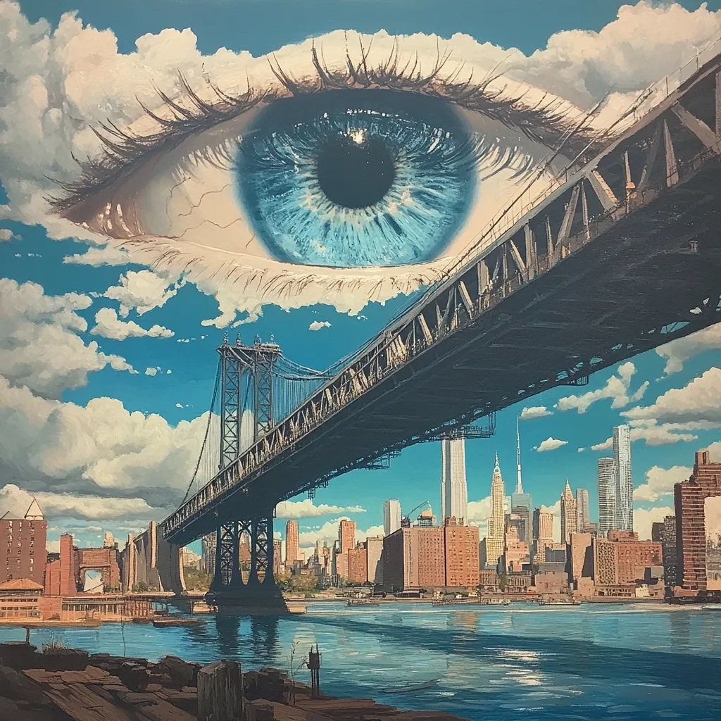 A giant blue eye, floating in a cloudy sky, overlooks a cityscape.  The Manhattan skyline, featuring iconic skyscrapers and the Williamsburg Bridge, is positioned beneath the eye. The bridge stretches across the foreground, leading the viewer's gaze towards the city.  The juxtaposition creates a surreal and dreamlike scene, blending realistic architecture with a fantastical element.