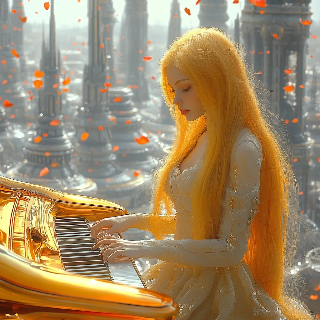 A young woman with long, flowing blonde hair sits at a golden grand piano.  She wears a flowing, light beige gown.  Orange petals fall around her as she plays, creating a dreamy, ethereal atmosphere.  The background depicts a futuristic cityscape with tall, slender buildings.  The overall image is a fantasy-like scene of beauty and tranquility.