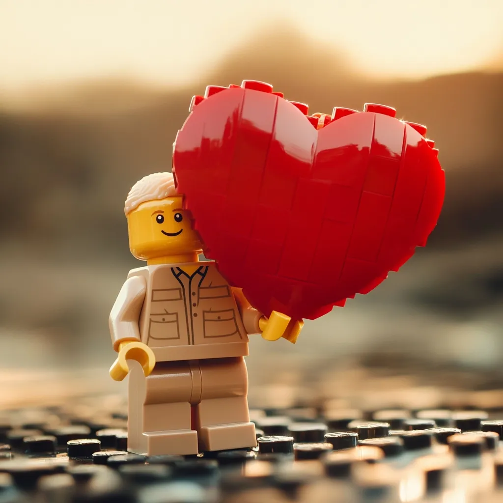 A smiling Lego minifigure, dressed in a tan shirt and pants, holds a large red Lego heart.  The scene is set outdoors with a blurred background suggesting a sunset. The minifigure stands on a surface of black Lego bricks. The overall image conveys a feeling of warmth and affection.