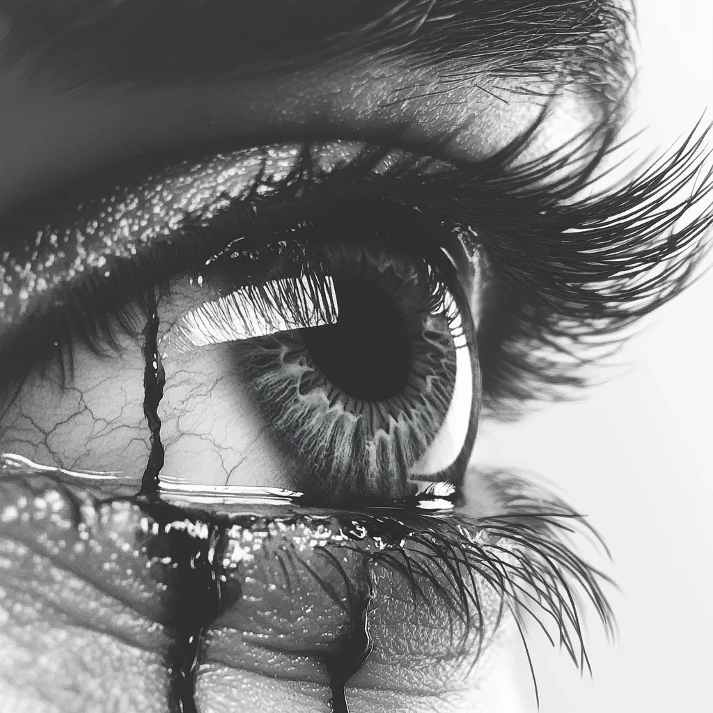A close-up, black and white image showcases a single eye, dramatically rendered.  The eye is detailed, with long lashes and a visible, dark tear streaming down the cheek.  The skin around the eye appears cracked and textured, adding to the intense, emotional impact. The overall aesthetic is dark and evocative, hinting at pain or suffering.