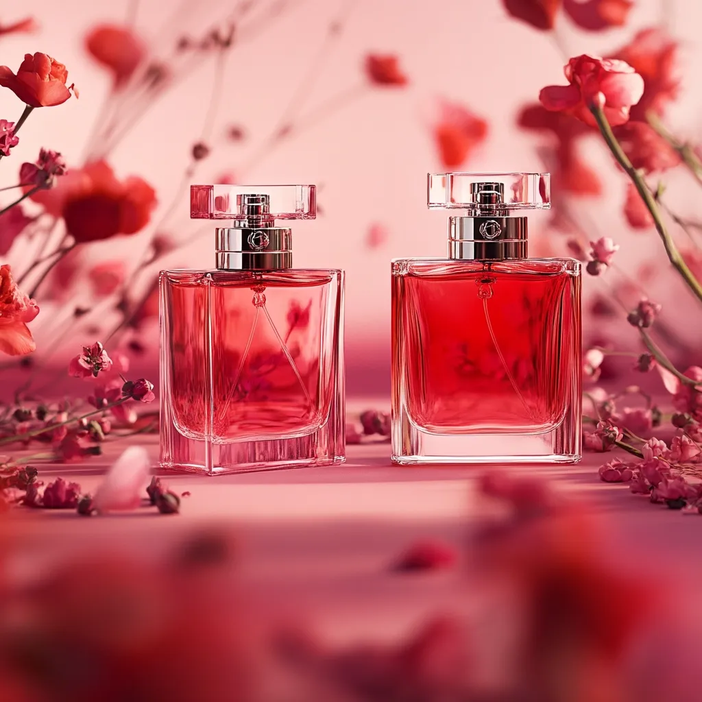 Two elegant perfume bottles filled with a vibrant red fragrance sit on a soft pink surface, adorned with delicate pink flowers.  The glass bottles are square with a modern, angular design and silver accents.  The overall aesthetic is feminine and luxurious, suggesting a sophisticated and romantic scent.  Petals are scattered around the base, enhancing the image's delicate beauty.