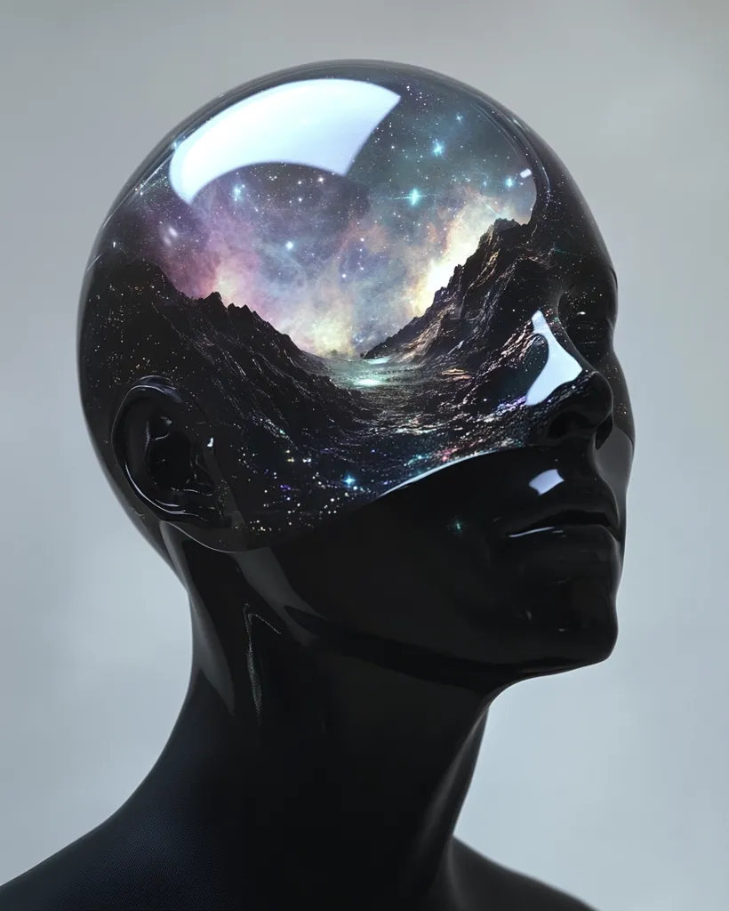 A black, mannequin-like head is depicted, its head seemingly transparent, revealing a vibrant nebula and mountainous landscape within. The cosmic scene contrasts sharply with the smooth, dark exterior of the head and neck, creating a surreal and thought-provoking image. The overall effect suggests a fusion of the vastness of space and the human mind or consciousness.