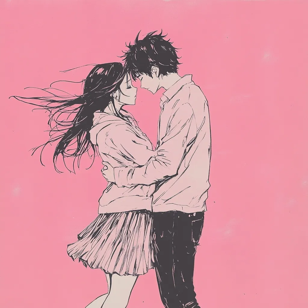 A stylized anime-style illustration depicts a young couple embracing against a soft pink background.  The girl, with long flowing hair, wears a pink hoodie and pleated skirt. The boy, in a similar pink shirt and dark pants, holds her close.  Their foreheads touch, conveying intimacy and tenderness. The drawing's lines are delicate, creating a romantic and serene atmosphere.