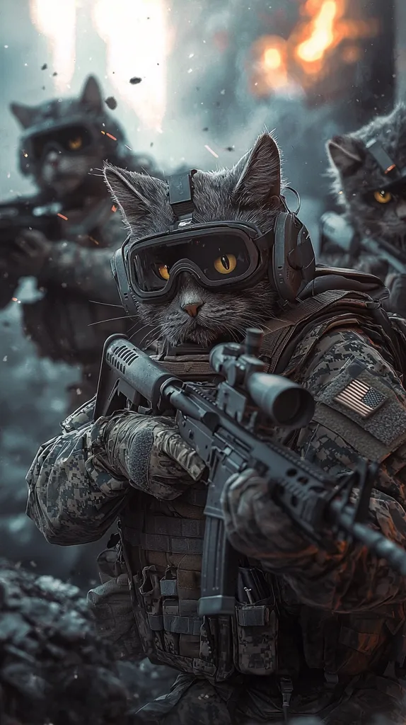 A gray cat, clad in military gear, including goggles and a camouflage uniform, grips a rifle.  Two other cats, similarly attired, are visible in the background, suggesting a team.  The setting is a warzone, depicted by smoke and fire.  The image blends realism with anthropomorphic elements, creating a striking and surreal scene.