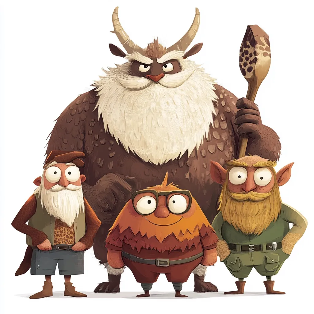 A whimsical illustration features a large, furry, horned creature holding a staff, standing behind three smaller characters.  Two are elderly, bearded men – one in explorer attire, the other resembling a gnome.  The third is a smaller, orange, furry creature wearing glasses. The style is cartoonish and playful, with vibrant colors and expressive features.  The overall scene evokes a sense of adventure and fantasy.