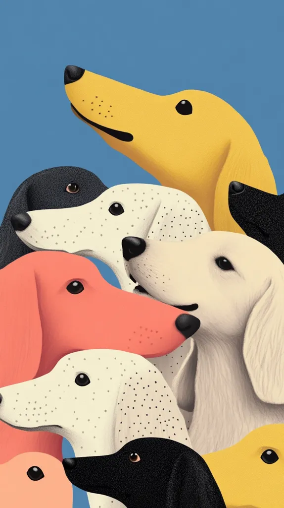 A vibrant illustration features a group of stylized dogs, each rendered in a solid, bold color.  The dogs are layered, creating a sense of depth and playful overlapping.  Colors include yellow, coral, cream, off-white, and black, set against a simple blue background. The dogs' expressions are friendly and their forms are smooth and slightly abstract. The overall style is modern and minimalist.