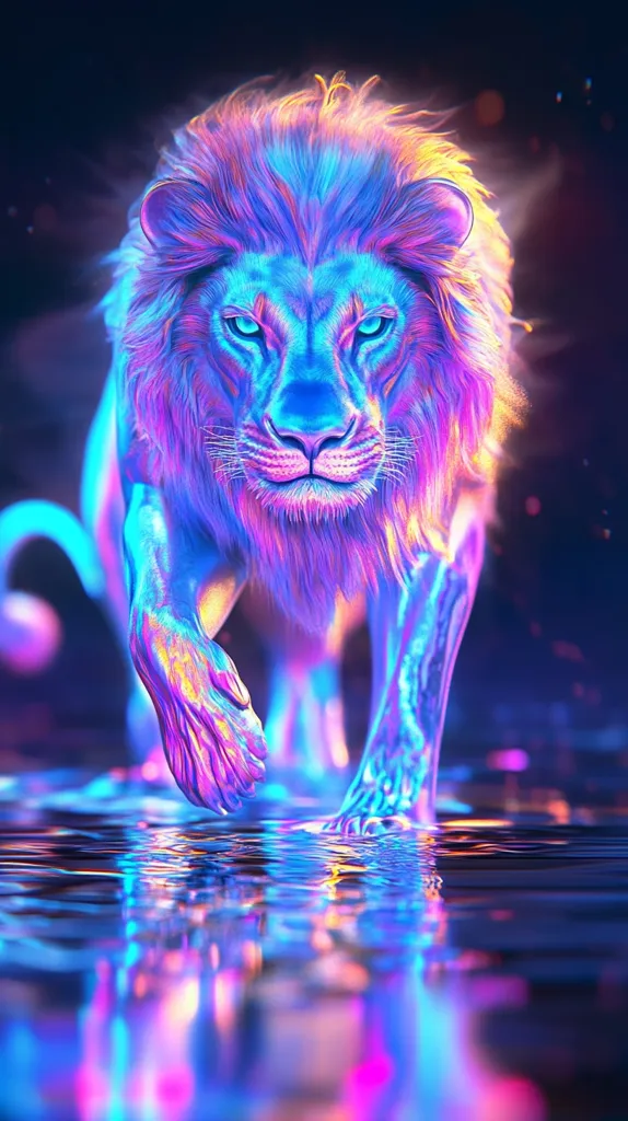 A vibrant, digitally-created image showcases a majestic lion, its mane and body glowing with iridescent hues of blue, purple, and pink.  The lion appears to be walking towards the viewer, its paws just touching a reflective surface of water that mirrors its neon glow. The background is dark, emphasizing the lion's luminous form.  The overall effect is surreal and captivating.