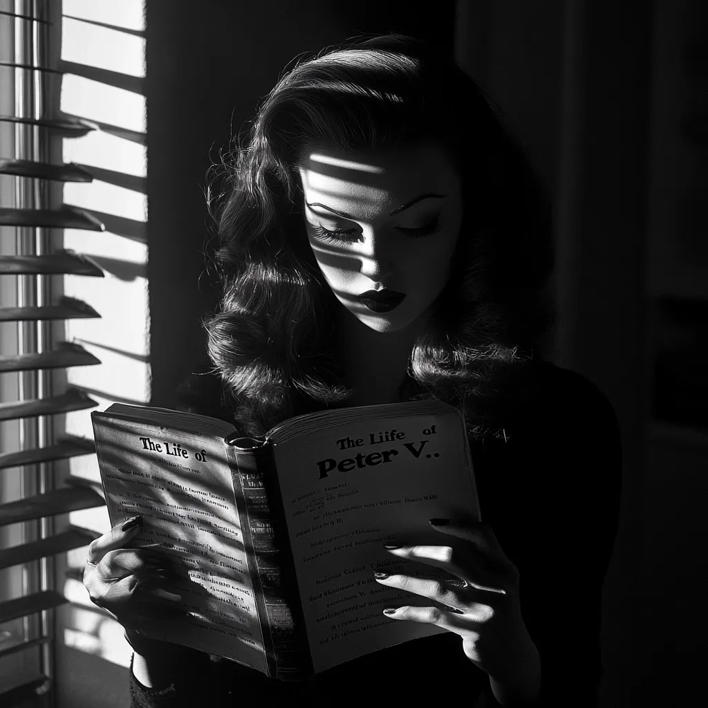 A black and white image depicts a woman with 1940s-style hair, engrossed in reading "The Life of Peter V."  Sunlight streams through venetian blinds, casting dramatic shadows across her face and the open book in her lap.  Her dark lipstick and styled hair contribute to a classic, film noir aesthetic. The scene is moody and evocative of mystery.