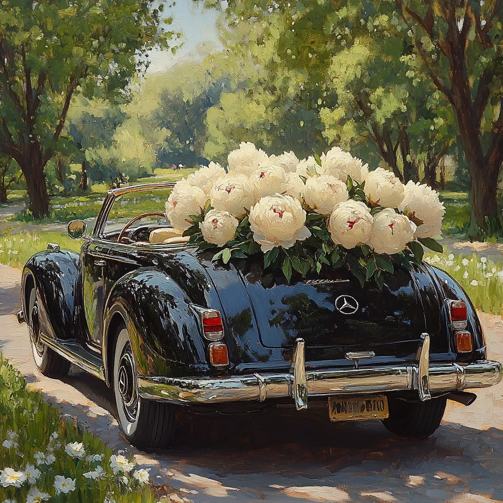 A classic black convertible Mercedes-Benz is adorned with a large bouquet of white peonies.  The car is parked on a sun-drenched country road, lined with lush green trees.  The scene evokes a feeling of romance and nostalgia, capturing a moment of idyllic beauty.  Sunlight filters through the leaves, casting dappled shadows on the ground.  The overall impression is one of elegance and serenity.