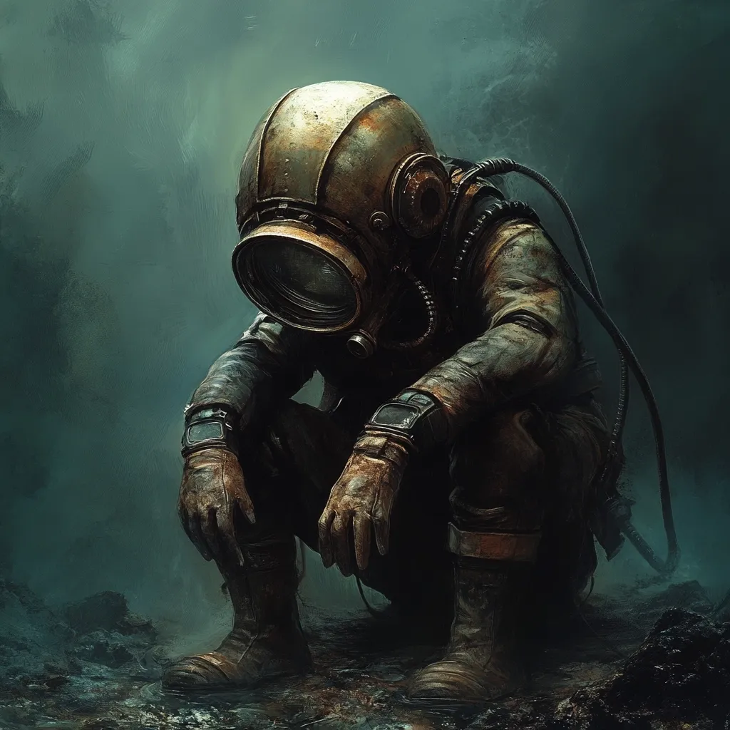 A digital painting depicts a lone, steampunk-style diver crouching on dark, wet ground.  The diver's aged, brass diving helmet obscures their face, and their weathered, worn suit suggests a long, arduous journey. The muted, atmospheric background enhances the feeling of isolation and mystery. The overall mood is one of somber contemplation or weariness.