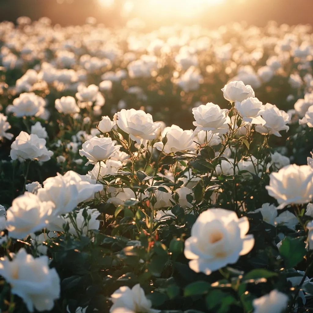 A field of white roses bathed in the golden light of sunset.  The blossoms are densely packed, creating a sea of white.  The sun's rays illuminate the petals, highlighting their delicate texture.  The lush green foliage provides a contrast to the vibrant white flowers, creating a serene and romantic atmosphere.