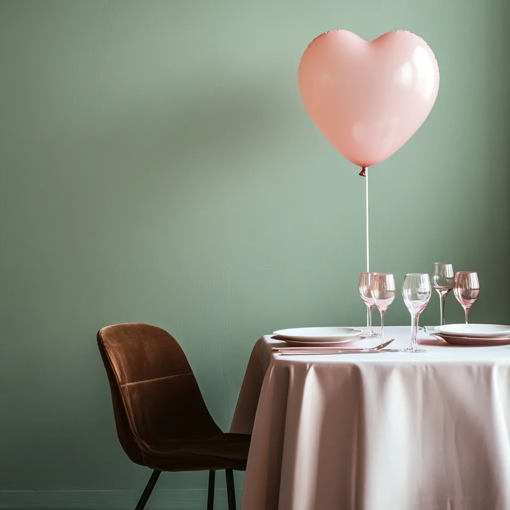A romantic table setting against a sage green wall features a round table draped in a blush pink tablecloth.  Rose gold wine glasses are set for two, with plates and cutlery arranged. A single, pale pink heart-shaped balloon floats above, adding a touch of whimsy to the intimate scene. A brown velvet chair sits nearby, completing the elegant arrangement.