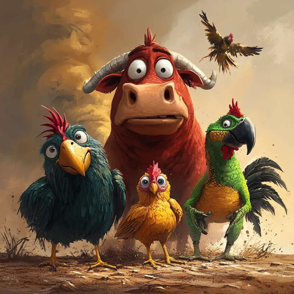 A whimsical illustration features a large, surprised-looking bull as the central figure.  Surrounding him are a variety of expressive birds: a teal-colored bird with large eyes, a small yellow chick, and a vibrant green parrot-like rooster. A smaller parrot flies overhead against a dusty, brownish background suggesting a dry, perhaps windy landscape. The overall style is cartoonish yet detailed, emphasizing the characters' expressive features.