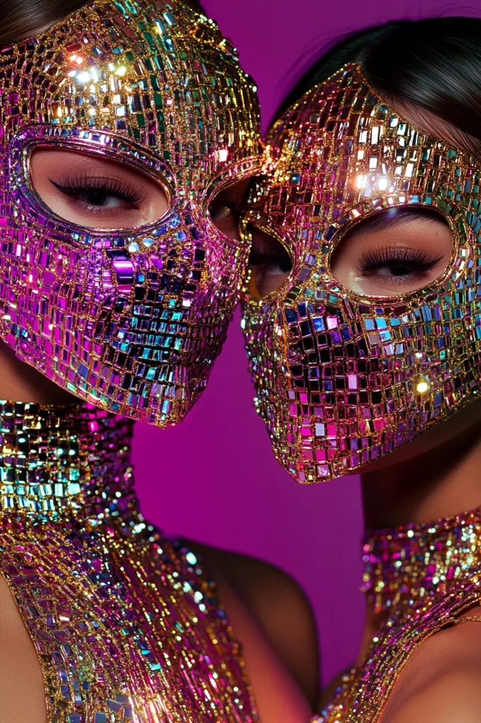 Two models wear iridescent, mosaic-style masks covering their faces.  The masks are crafted from small, mirrored squares in shades of gold, purple, and pink.  Their outfits continue the theme with matching, shimmering, sequined fabric draped around their necks and shoulders. The background is a deep purple, enhancing the masks' vibrant colors.  The overall effect is glamorous and eye-catching.