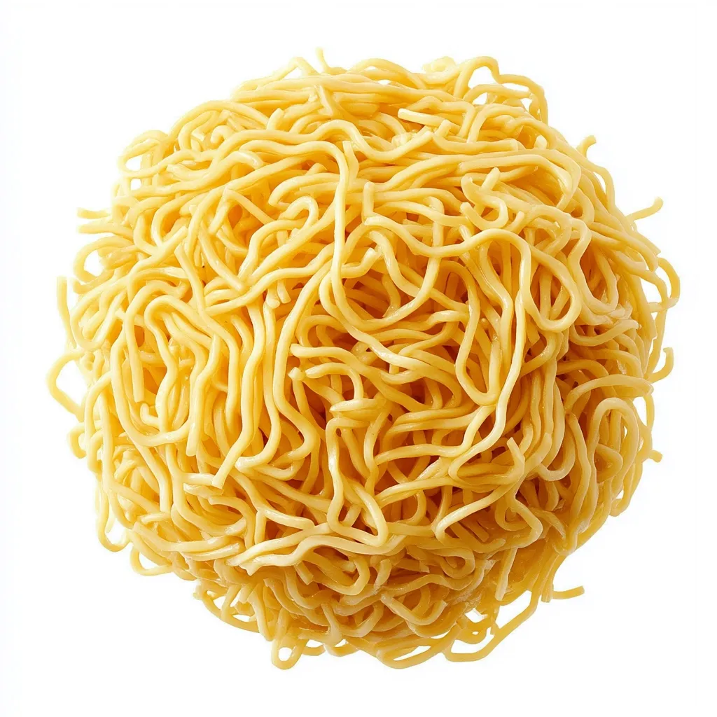 A close-up overhead shot shows a large mound of light yellow cooked noodles, piled high in a roughly spherical shape.  The noodles are thin and slightly tangled, creating a textured and appetizing appearance against the stark white background.  The image emphasizes the color and texture of the noodles, suggesting a simple, possibly instant, noodle product.