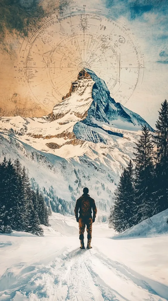 A lone figure stands on a snow-covered path, gazing towards a majestic snow-capped mountain.  A large, antique-style compass or astrolabe overlays the image, its intricate details adding a mystical quality to the scene.  The wintry landscape is serene yet vast, emphasizing the smallness of the human figure against the grandeur of nature. The overall mood is one of adventure and exploration.