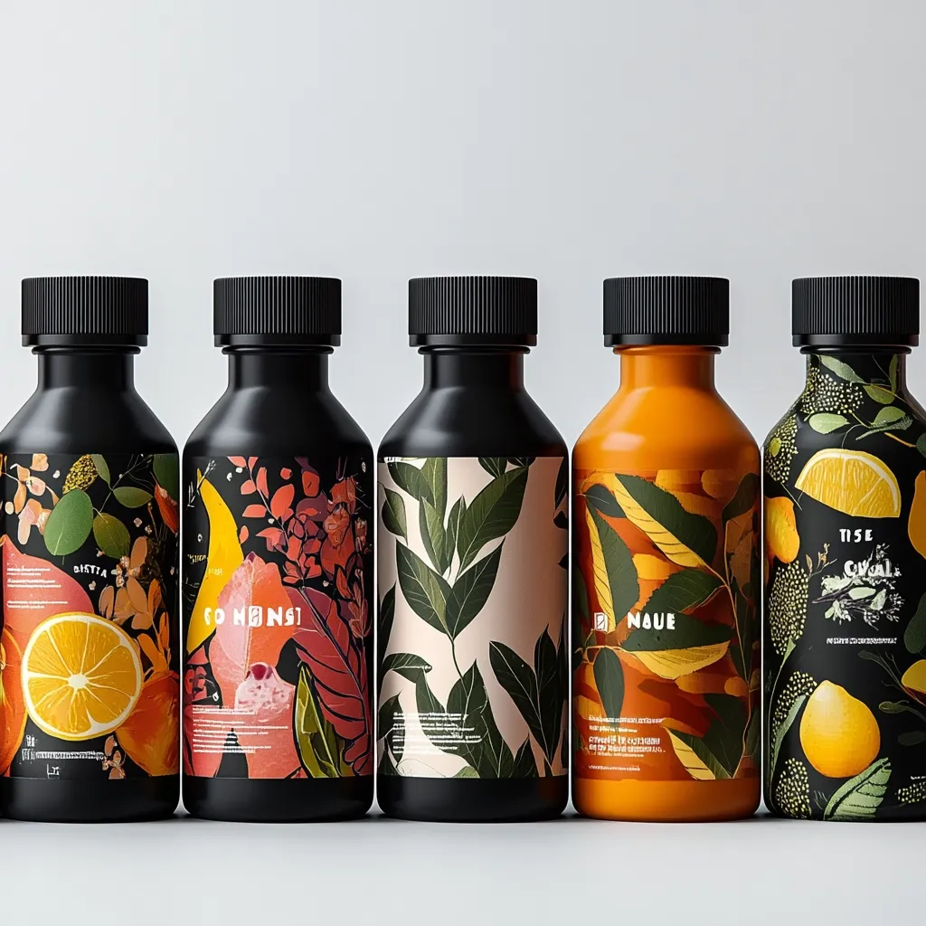 Five dark-colored bottles with vibrant botanical illustrations and minimalist branding stand in a row against a light gray backdrop. Each bottle showcases a unique design featuring citrus fruits and leaves, with brand names subtly incorporated. The labels are a mix of dark and light backgrounds, creating visual contrast.  The overall aesthetic is clean, modern, and evokes a natural, perhaps beauty or health-related, product line.