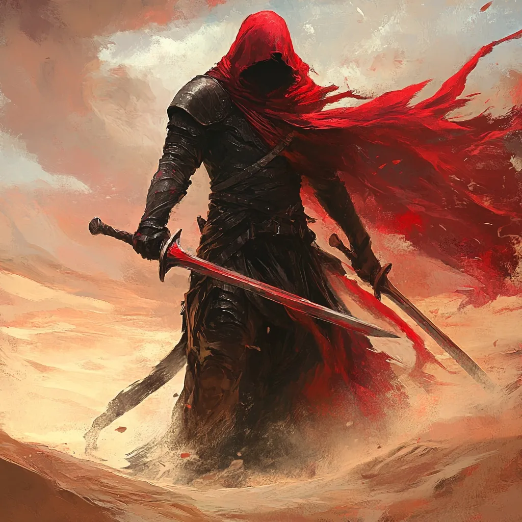 A lone warrior, cloaked in a flowing crimson robe, strides across a desolate, sandy landscape.  Clad in dark armor, the figure's face is obscured by the hood, adding to their enigmatic aura.  Two swords are held firmly in their grasp, their blades glinting faintly. The overall mood is one of mystery and solitary strength, hinting at a journey across harsh terrain.