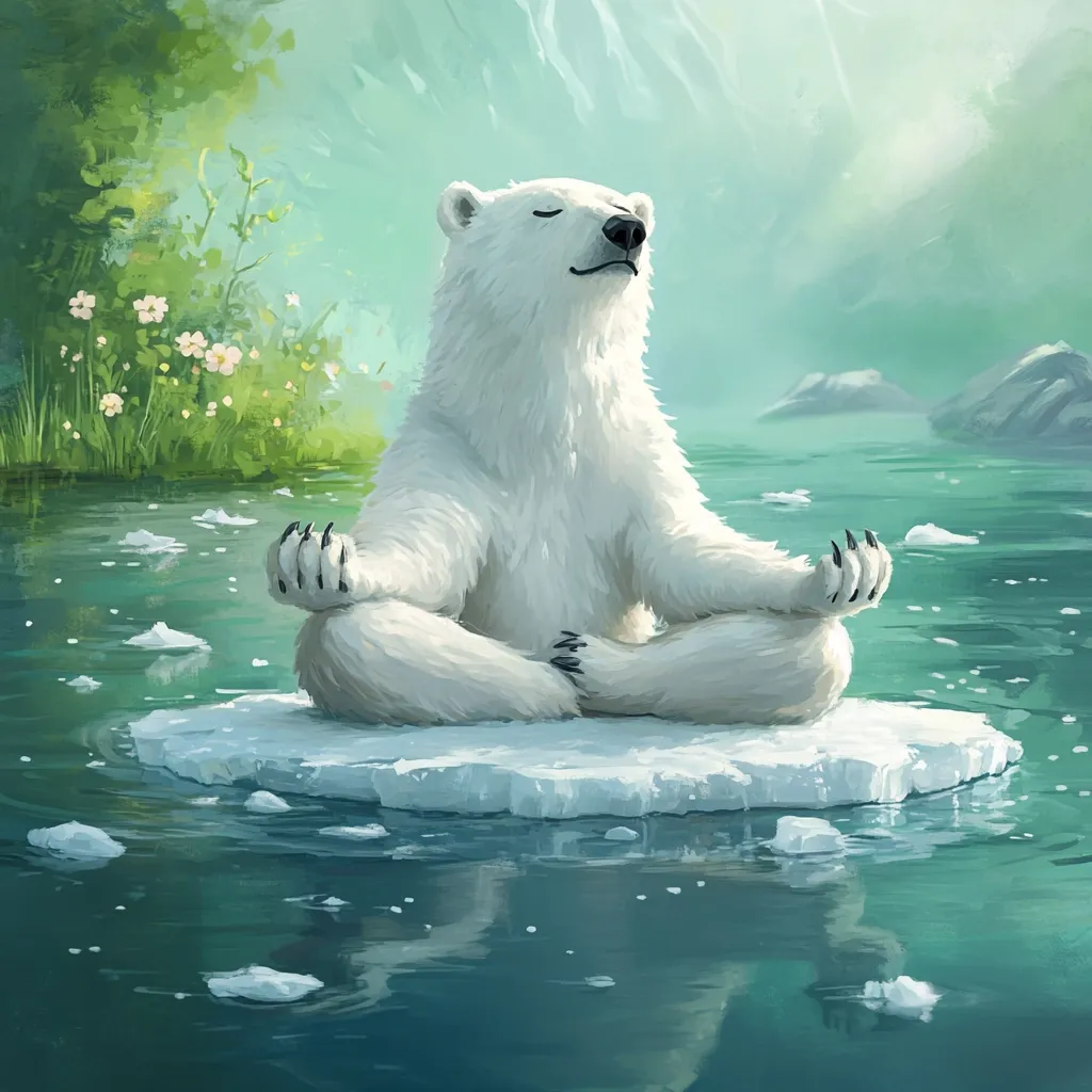 A serene polar bear sits in a lotus position on a small ice floe, surrounded by calm, teal water.  Green vegetation and distant mountains form a peaceful backdrop.  The bear appears tranquil and content, its eyes closed in meditation. The scene is painted in a soft, dreamlike style.  Small ice pieces float on the water's surface, adding to the overall sense of serenity and quietude.