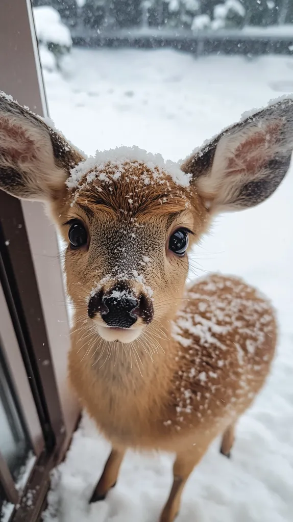 A fawn, dusted with snow, looks directly at the camera from close range. Its large, dark eyes are captivating, and its soft, light brown fur is speckled with snowflakes. The background is a blurred snowy landscape viewed through a window. The fawn's innocent expression and the winter setting create a charming and heartwarming image.