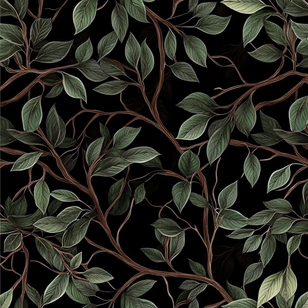 A seamless pattern featuring intricately drawn branches and leaves. The dark green foliage is rendered in a detailed, almost painterly style, contrasting against a stark black background. The branches are a deep brown, creating a moody, forest-like atmosphere. The overall effect is elegant and evocative of nature's depth.