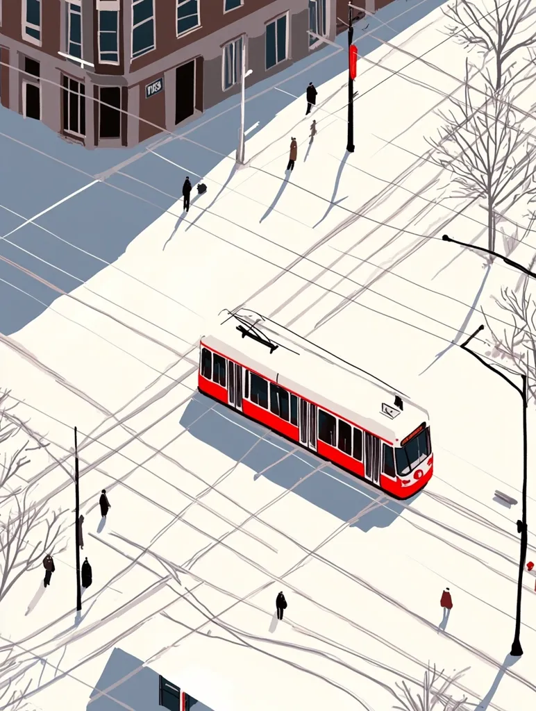 A stylized illustration depicts a snow-covered city intersection.  A red and white streetcar sits at the center, with pedestrians sparsely scattered across the scene.  Bare trees and a brick building form the backdrop.  The overall style is minimalist, with clean lines and a muted color palette emphasizing the winter atmosphere. The overhead perspective provides a unique view of the urban landscape.
