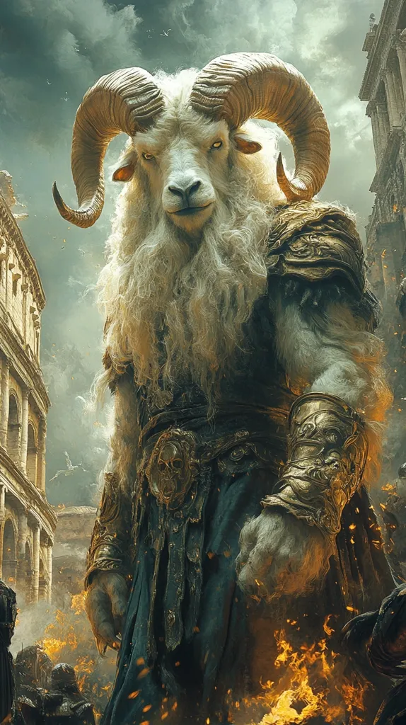 A colossal ram-headed warrior, clad in ornate gold armor, stands amidst fiery chaos.  Its massive horns curve majestically, its white fleece contrasting with the dark, battle-worn attire.  The background reveals a crumbling Roman-style city, suggesting a scene of epic conflict or mythological struggle.  The creature’s powerful presence dominates the image.