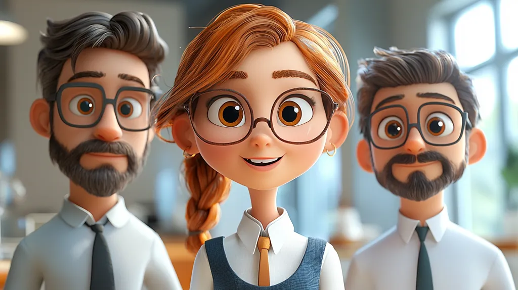 A charming 3D animation depicts a young woman with auburn hair and glasses standing between two men, also wearing glasses.  All three have stylized cartoon features, large eyes, and pleasant expressions.  The woman is centrally positioned, suggesting prominence. The men flank her, dressed in similar formal shirts and ties, creating a balanced composition.  The overall style is friendly and approachable.
