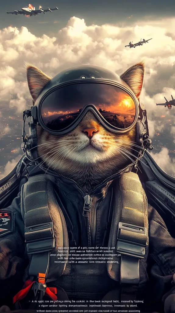 A courageous cat, clad in a pilot's helmet and flight suit, sits in the cockpit of a fighter jet.  Multiple aircraft are visible in the sky, creating a dramatic backdrop of aerial warfare. The cat's serious expression and the setting suggest a thrilling, adventurous scene, possibly a fictional narrative.  The image is a striking blend of animal imagery and military aviation.