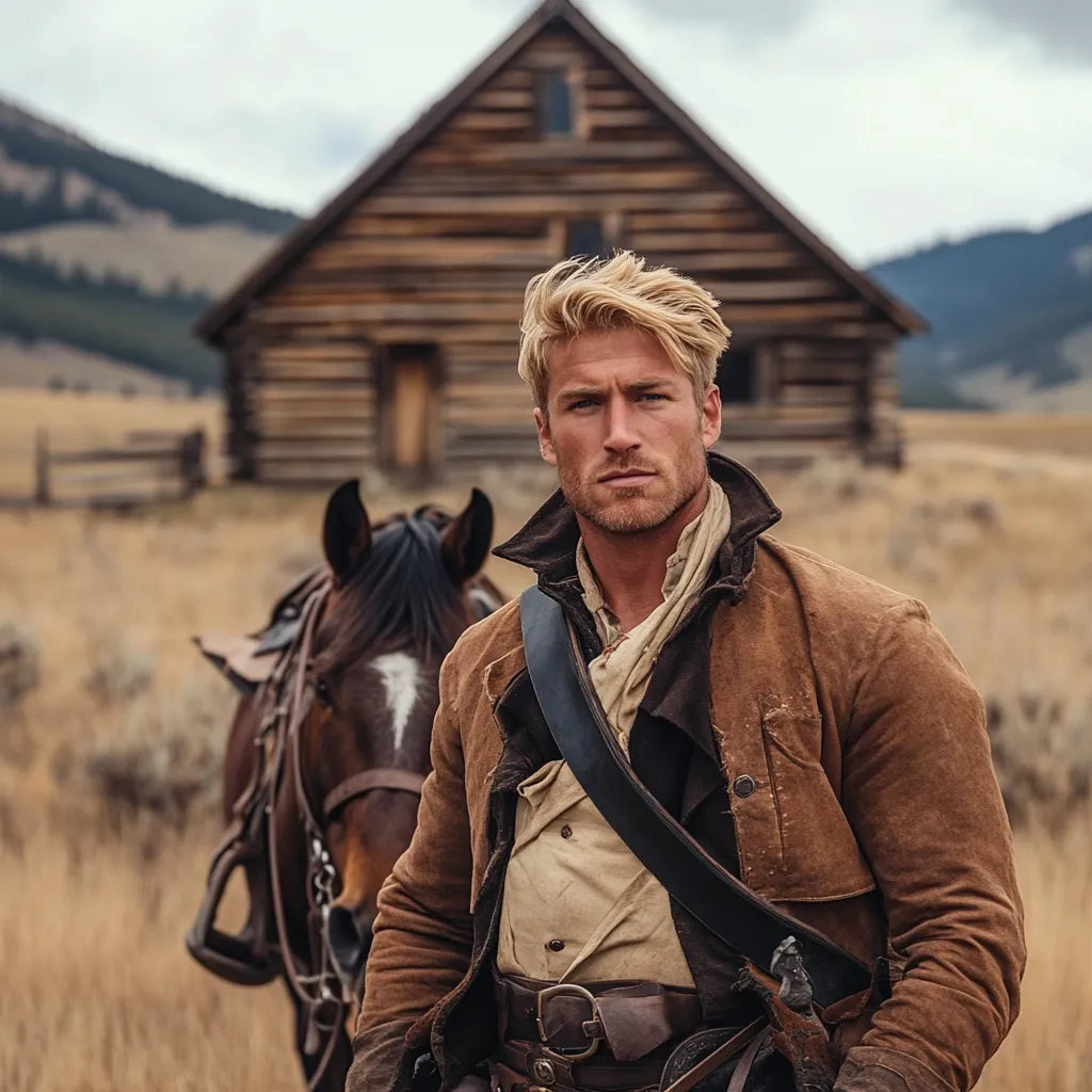 A blond-haired man in a brown, period-style jacket stands confidently in a field.  He's dressed in Western attire, including a tan shirt and a dark leather belt.  A brown horse is partially visible behind him.  A rustic log cabin forms a backdrop to the scene, suggesting a rural, possibly historical setting. The overall mood is one of rugged masculinity and frontier life.