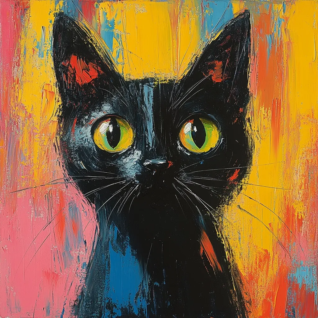 A vibrant oil painting depicts a black cat with striking green eyes.  The cat's fur is rendered with thick, textured brushstrokes, contrasting sharply with the bold, impasto background of yellow, pink, and blue. The artist's expressive style creates a dynamic and energetic portrayal of the feline subject.  The cat's gaze is direct, engaging the viewer with its intense expression.