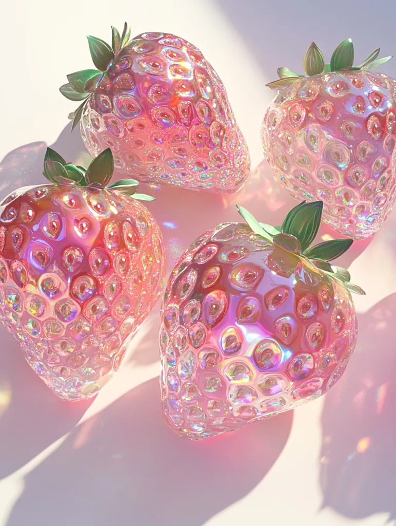 Four iridescent pink strawberries are artfully arranged on a soft white background.  Each strawberry is meticulously detailed, showcasing a shimmering, almost glassy texture.  The light catches their surfaces, creating a dreamy, ethereal glow.  The overall aesthetic is one of delicate beauty and whimsical charm.