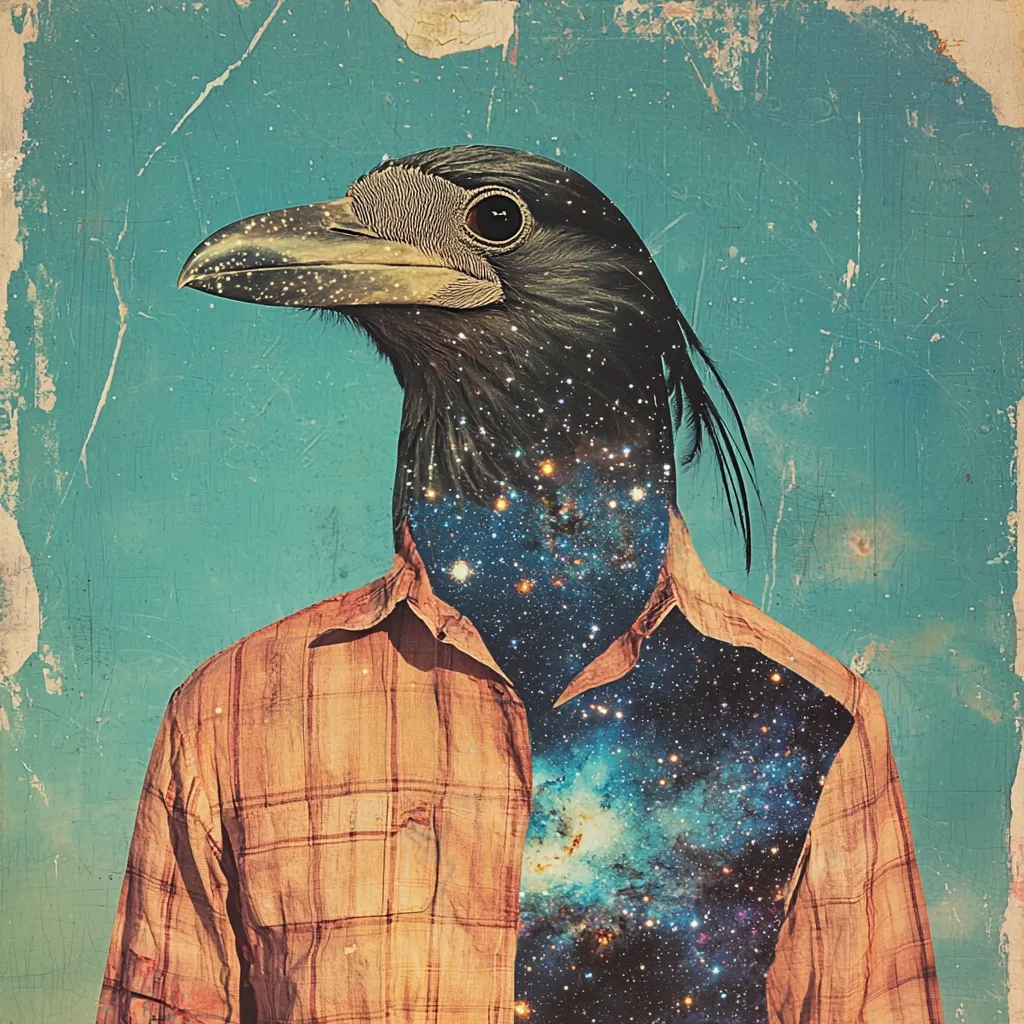 A surreal digital collage depicts a bird's head, possibly a crow or raven, seamlessly merging with a human torso wearing a plaid shirt.  The bird's head and upper torso are filled with a vibrant nebula, suggesting a cosmic interior. The textured background mimics aged paint, enhancing the artwork's vintage aesthetic. The image blends realism with fantasy, creating a captivating and mysterious scene.