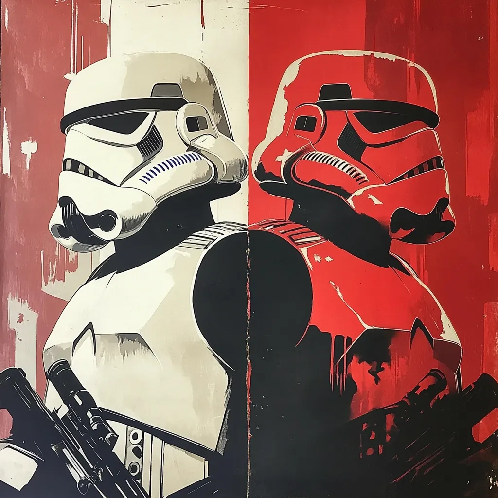 A stylized artwork depicts a classic Stormtrooper and a red-armored Stormtrooper, side-by-side.  The image is split down the middle, with a white and red background respectively behind each figure.  The style is bold and graphic, with stark contrasts in color and shadow, giving the piece a powerful, almost propaganda-like feel.  Both troopers are armed, emphasizing their military roles.