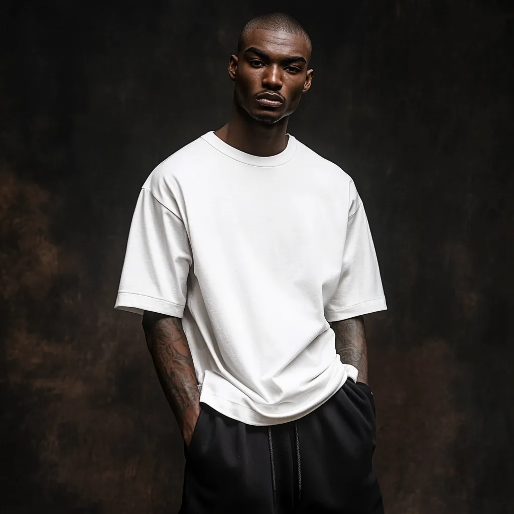 A dark-skinned male model with short hair stands against a dark brown textured backdrop. He is wearing a large, oversized off-white, short-sleeved t-shirt and black sweatpants. His hands are in his pockets.  The image is a fashion shot, emphasizing the relaxed fit of the clothing.
