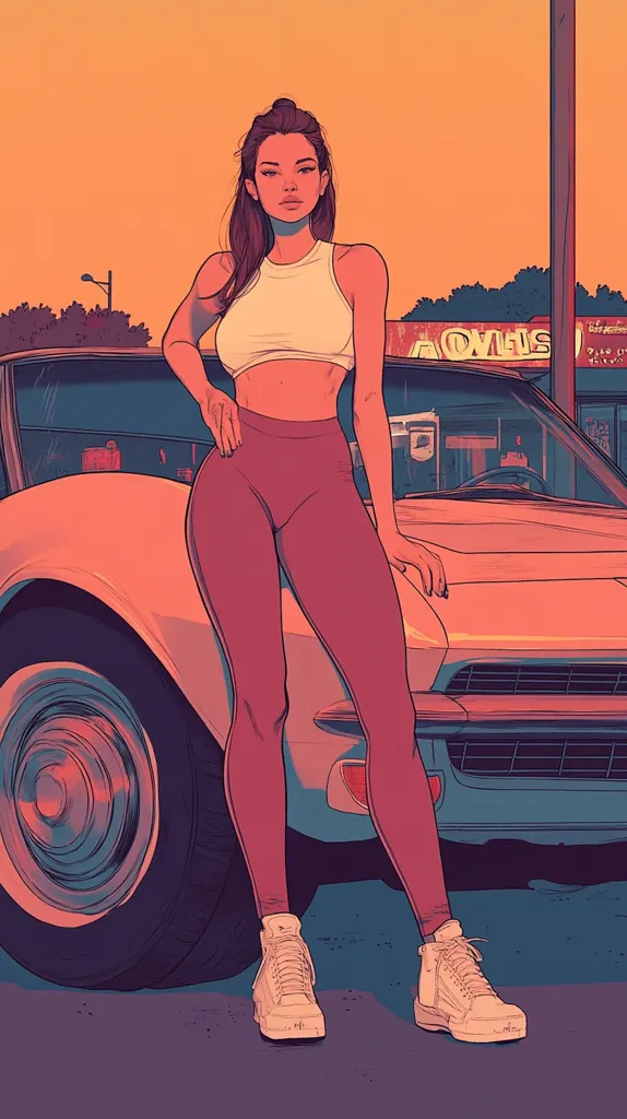 A stylized illustration of a young woman in athletic wear stands confidently beside a vintage car under a warm sunset.  She's wearing a white crop top, maroon leggings, and high-top sneakers. The car is a light peach color, classic design, and parked near a retro-style diner. The overall aesthetic is reminiscent of 1970s or 1980s pop art. The scene is peaceful yet stylish.