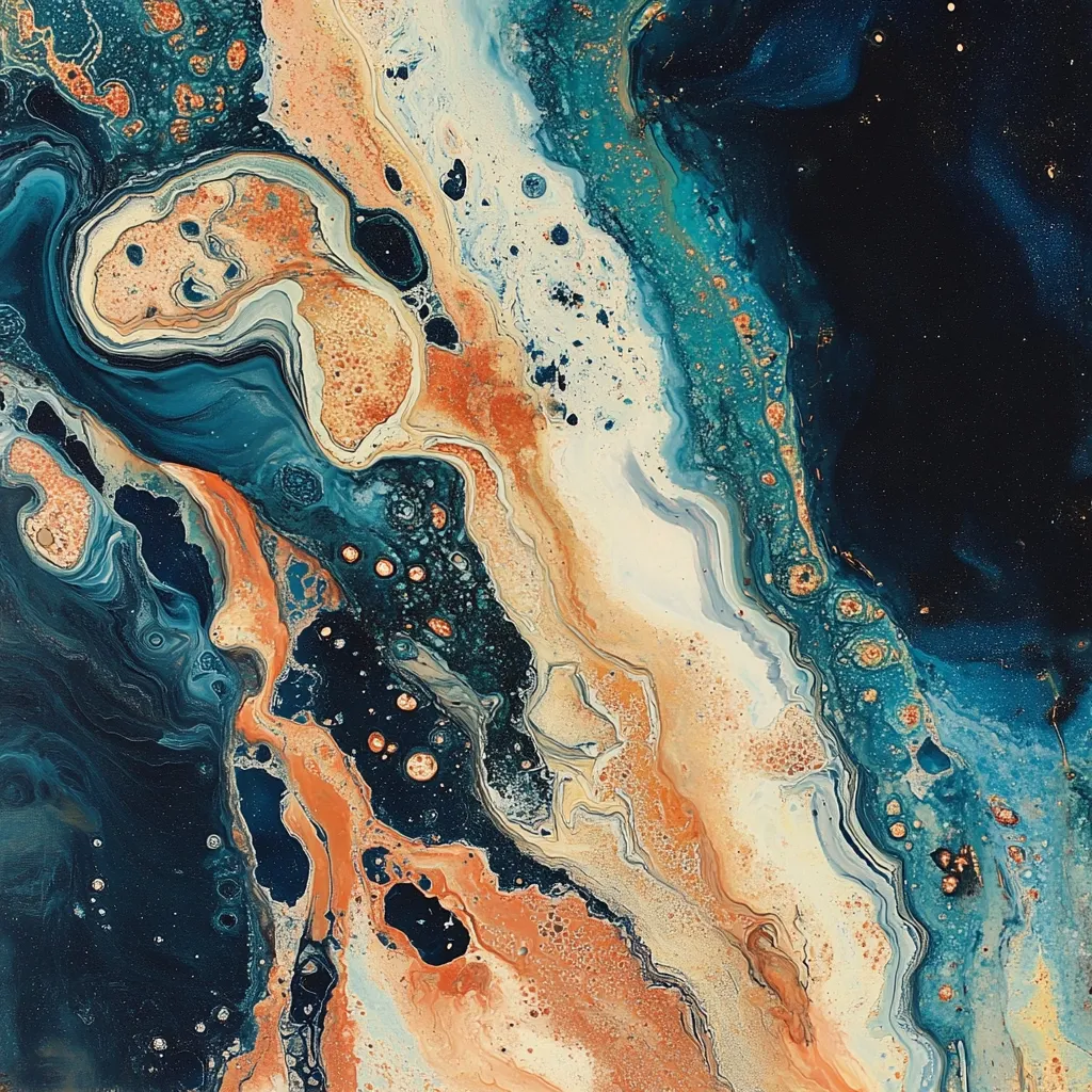 An abstract painting showcases a mesmerizing blend of teal, deep blue, and warm orange hues.  The colors swirl and blend organically, creating a fluid, almost ethereal effect reminiscent of flowing water or celestial formations.  Speckles of gold add a touch of shimmer, enhancing the richness and depth of the artwork's texture. The overall impression is one of captivating movement and serene beauty.